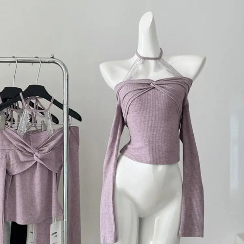 Load image into Gallery viewer, Vintage Black Lace Off Shoulder Elegant Halter Lace-up Knit Tops French Autumn Purple Backless Long Sleeve Festival T Shirt Chic
