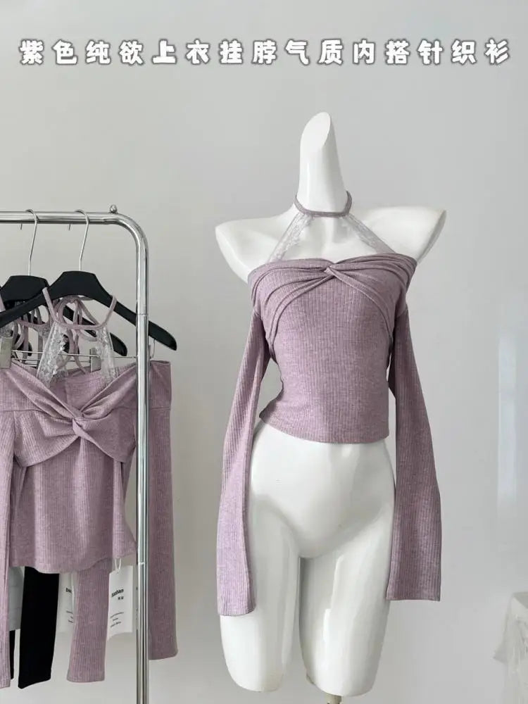 Vintage Black Lace Off Shoulder Elegant Halter Lace-up Knit Tops French Autumn Purple Backless Long Sleeve Festival T Shirt Chic