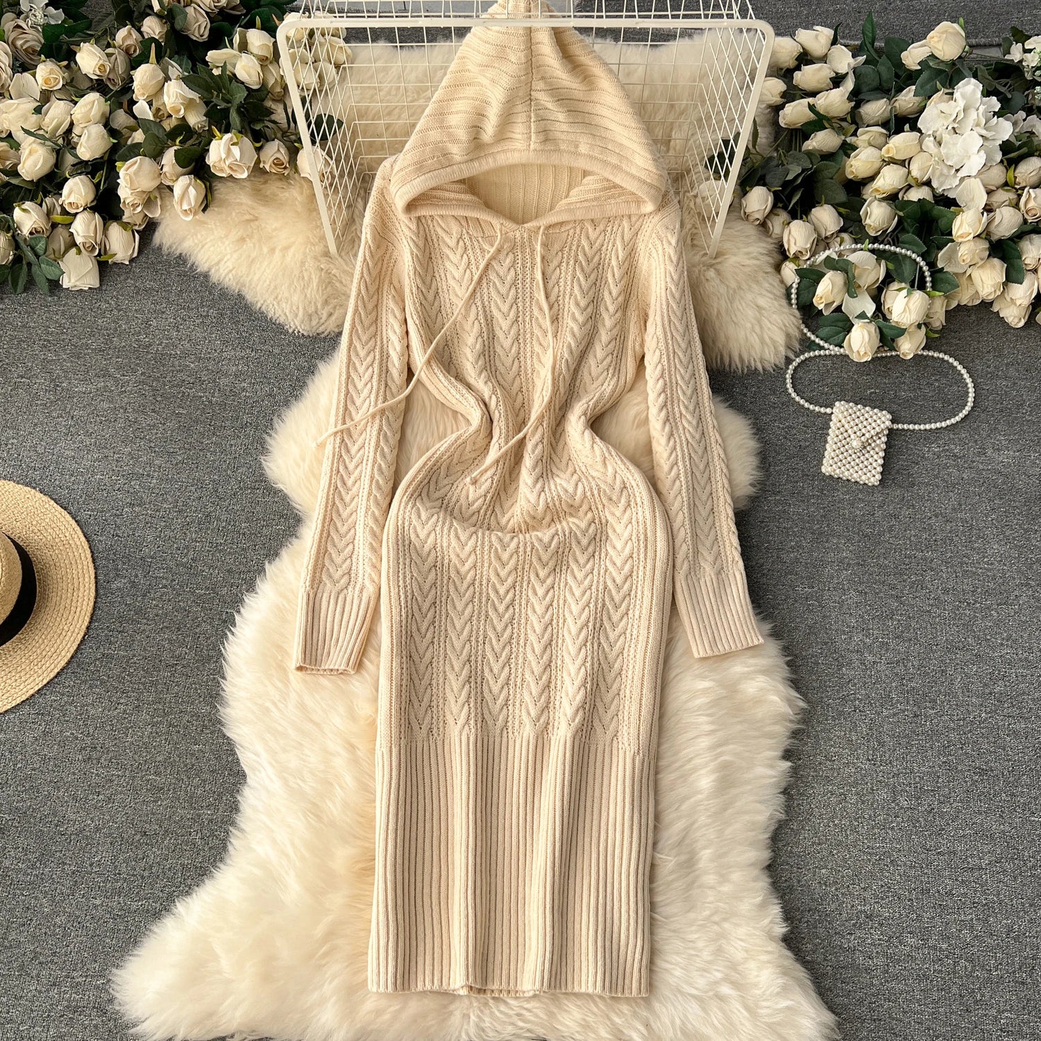Retro Black Long-sleeved Party Sweater Midi Dress Autumn Winter Hooded Loose Women's Beige Elegant Twists Knitted Hip Wrap Dress