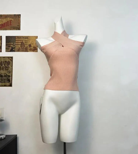 Summer Women Blue Sleeveless Backless Short Knit Tops Casual Pink Sexy Club Off Shoulder Cross Halter Top Simplicity Clothes New