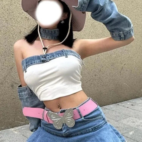 Load image into Gallery viewer, Patchwork Denim Detachable Tank Top For Women Strapless Long Sleeveless Slimming Tunic Vest Female Fashion Clothing
