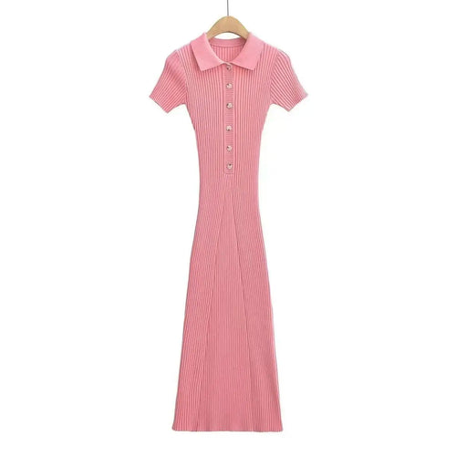Load image into Gallery viewer, Korean Version Solid Polo Collar Single Breasted Knitted Long Dress Women's Summer Elegant Slim Short Sleeve Wrapped Hip Dresses
