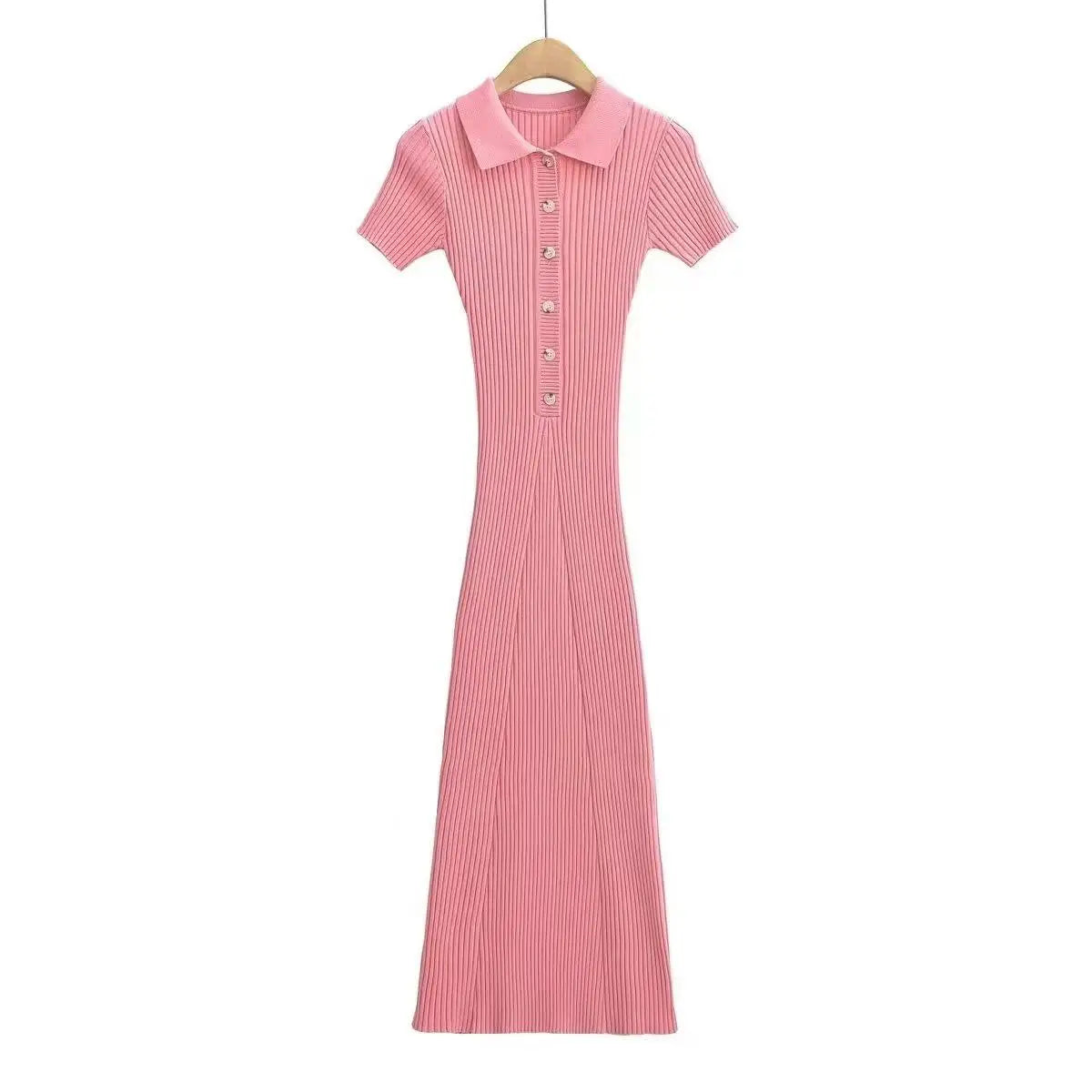 Korean Version Solid Polo Collar Single Breasted Knitted Long Dress Women's Summer Elegant Slim Short Sleeve Wrapped Hip Dresses