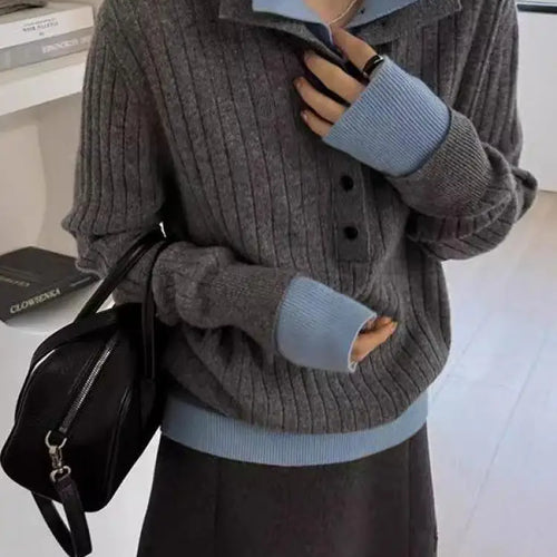 Load image into Gallery viewer, Autumn Winter Black Patchwork Long Sleeve Knit Pullovers Tops Vintage Women Grey Single Breasted Sweater Trend Streetwear Casual
