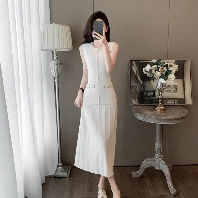 Korean Women's Black Knit Round Neck Sleeveless Office Lady Dress Summer Retro Fashion Beige Pearl Temperament Long Dress Trendy