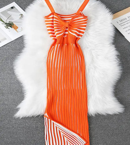 Spring Summer Women Orange Sexy Striped Patchwork Knitted Wrapped Hip Dress Sleeveless Backless Hollow Out Split Dresses Popular