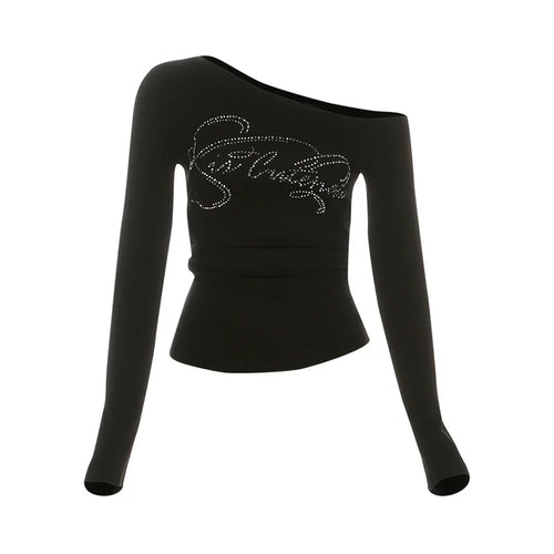 Load image into Gallery viewer, 2025 Harajuku Letter Diamond Vintage T-shirt Women Slash Neck Y2k Aesthetic Grunge Crop Tees Streetwear Slim Fit Autumn Tshirts
