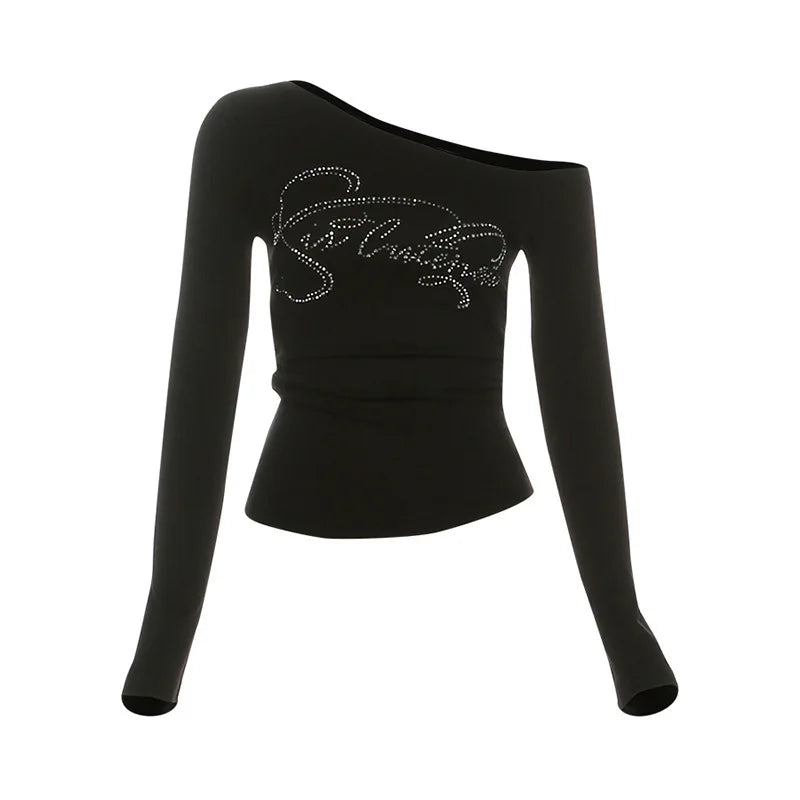 2025 Harajuku Letter Diamond Vintage T-shirt Women Slash Neck Y2k Aesthetic Grunge Crop Tees Streetwear Slim Fit Autumn Tshirts