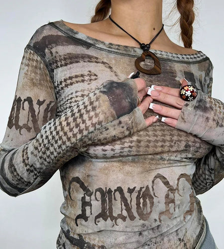 Grunge Fairycore Printed Mesh Top Long Sleeve T Shirts Slim Vintage Aesthetic 2000s Clothes Stitched Female Tee Cute