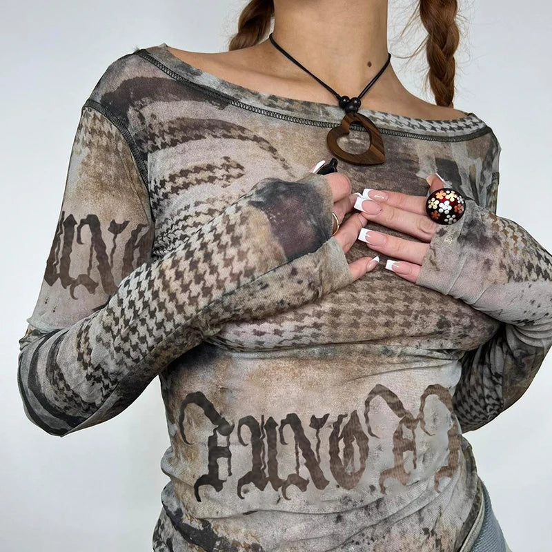 Grunge Fairycore Printed Mesh Top Long Sleeve T Shirts Slim Vintage Aesthetic 2000s Clothes Stitched Female Tee Cute