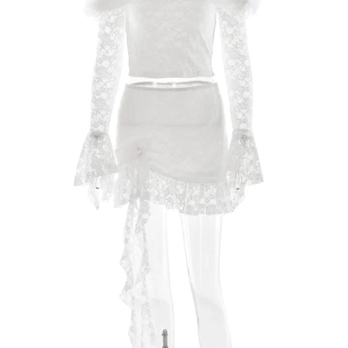 Load image into Gallery viewer, Sexy One Shoulder Long Sleeved Lace Patchwork Tight Women Suit Slim Top Short Skirt Two-piece Set Female Party Club Set
