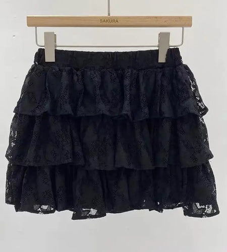 Vintage Sweet Beige Kawaii Fluffy Short Skirt Women Black Elegant High Waist A-line Lace Cake Mini Skirts Summer Trend Romantic