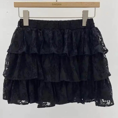 Load image into Gallery viewer, Vintage Sweet Beige Kawaii Fluffy Short Skirt Women Black Elegant High Waist A-line Lace Cake Mini Skirts Summer Trend Romantic
