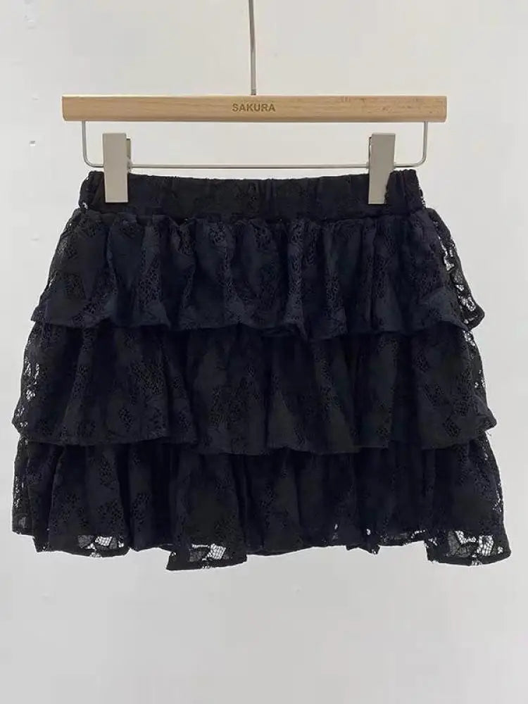 Vintage Sweet Beige Kawaii Fluffy Short Skirt Women Black Elegant High Waist A-line Lace Cake Mini Skirts Summer Trend Romantic