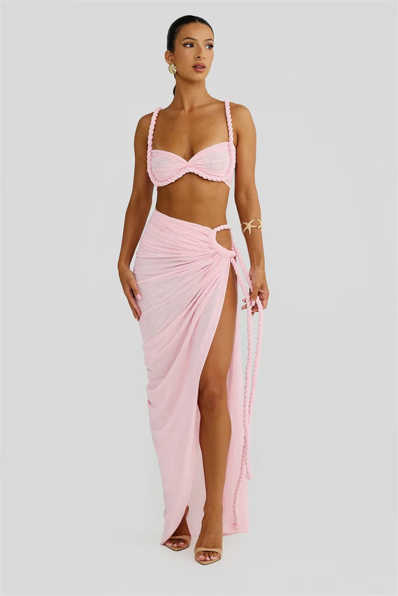 Summer Beach Sexy Two Piece Sets Women Strapless Crop Tops And Maxi Skirt Female Elegant Vacation Club 2 Piece Set