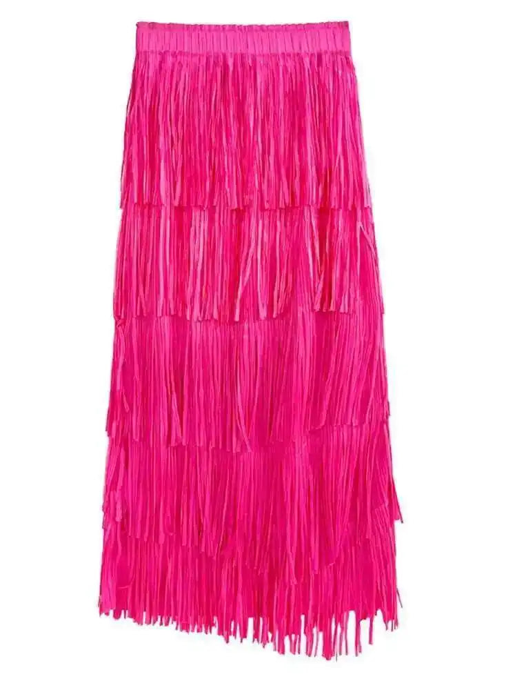 High Elastic Waist Red Pleated Tassels Long Elegant Half-body Skirt Women Fashion Tide New Spring Autumn 2025 1DF8296