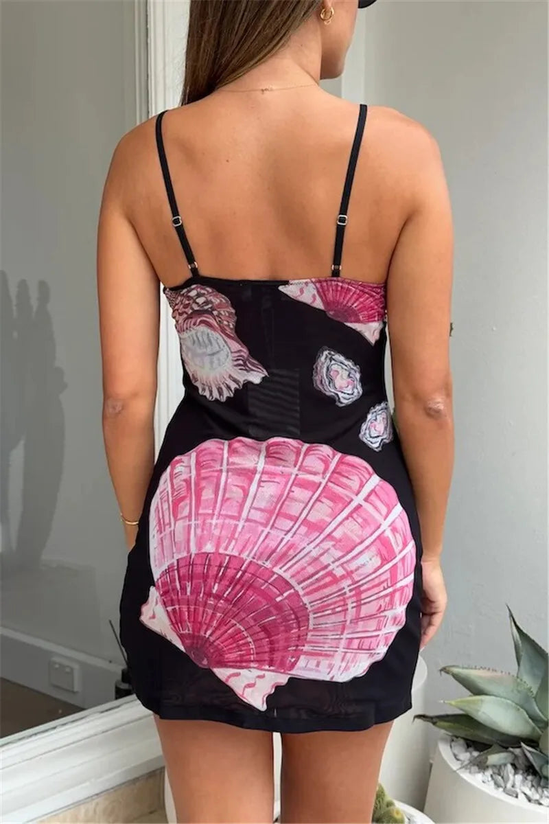 Spaghetti Strap Floral Print Mini Dress For Women Robe Summer New V Neck Sleeveless Backless Print Beach Holiday Dress