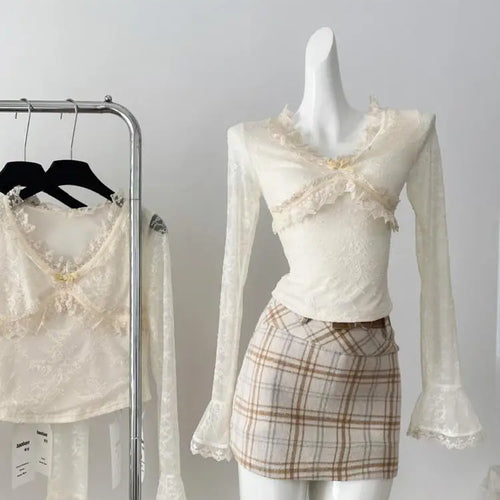 Load image into Gallery viewer, Vintage Women Beige Lace Ruffle Edge Tops Autumn Long Sleeve Elegant Short Shirts French V-neck Festival Versatile Blouse Simple
