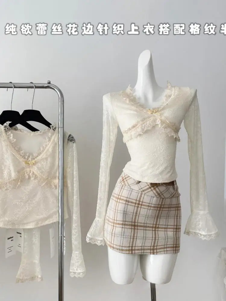 Vintage Women Beige Lace Ruffle Edge Tops Autumn Long Sleeve Elegant Short Shirts French V-neck Festival Versatile Blouse Simple