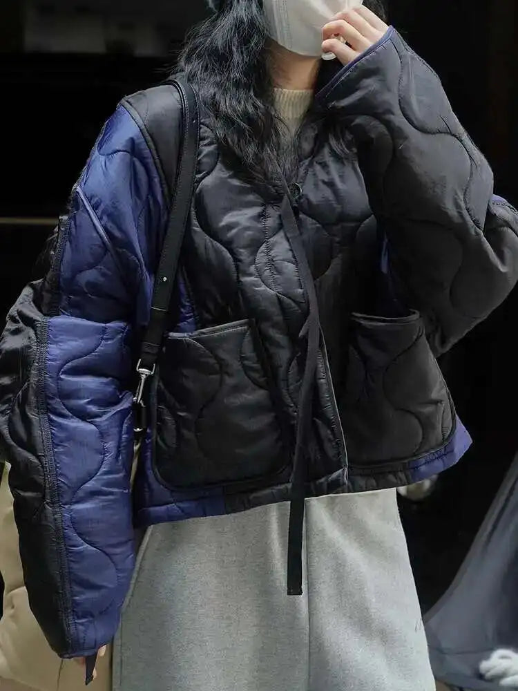 Blue Color-block Big Size Warm Cotton-padded Coat Long Sleeve Women Parkas Fashion Tide New Autumn Winter 2025 1DH2262