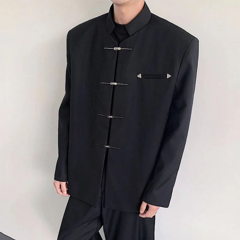 Men's Blazers New Chinese Stylish Stand Collar Style Metal Buckle Shoulder Male Shoulder Pad Clothing Spring 2025 9W1382