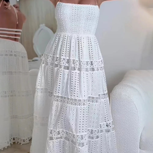 Load image into Gallery viewer, Hollow Out Solid Elegant Dresses For Women Strapless Sleeveless Backless High Waist Spliced Lace Up A Line Dress Female
