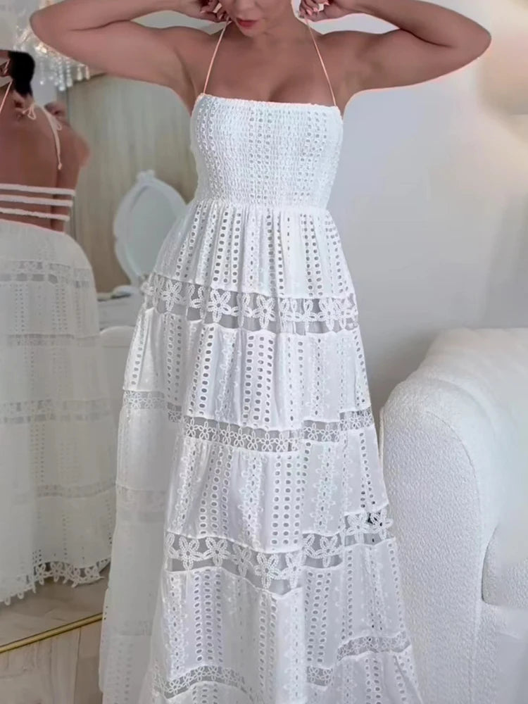 Hollow Out Solid Elegant Dresses For Women Strapless Sleeveless Backless High Waist Spliced Lace Up A Line Dress Female