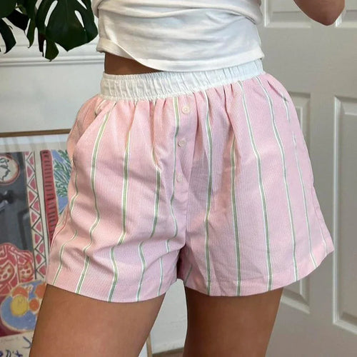 Load image into Gallery viewer, Casual Pink Stripe Basic Summer Shorts Women Buttons Homewear Elastic Waist Korean Fashion Hotpants Hottie Contrast
