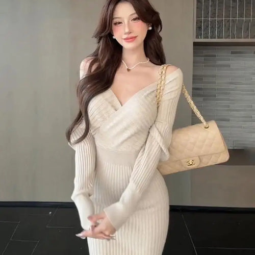 Load image into Gallery viewer, French Black Beige V Neck High Waist Slim Backless Wrap Hip Knitted Dresses Autumn Winter Pink Long Sleeves Office Dress Popular
