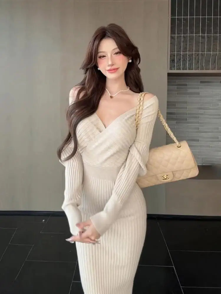 French Black Beige V Neck High Waist Slim Backless Wrap Hip Knitted Dresses Autumn Winter Pink Long Sleeves Office Dress Popular