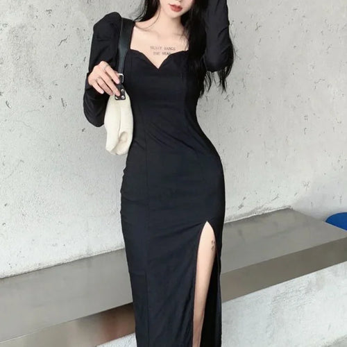 Load image into Gallery viewer, Vintage Balck Dress Women Casual Elegant Slim Wrap Split Party Dresses Puff Sleeve Square Collar  Fashion Korean
