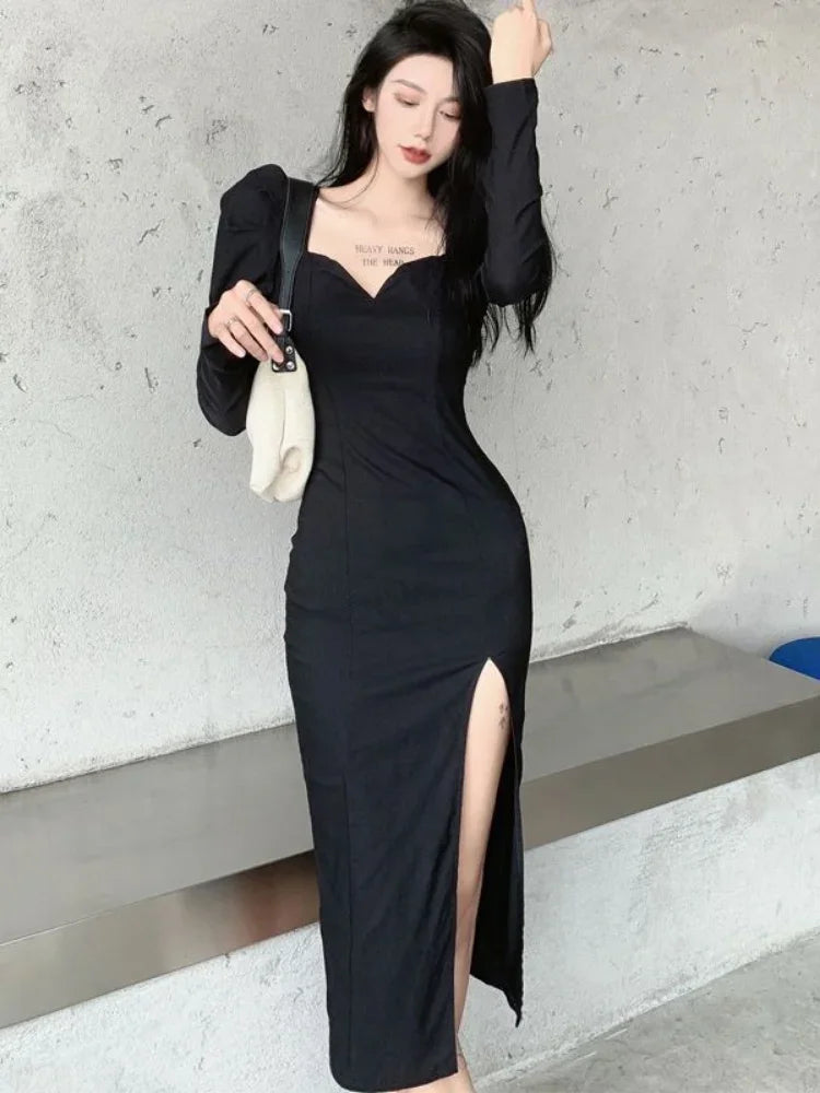 Vintage Balck Dress Women Casual Elegant Slim Wrap Split Party Dresses Puff Sleeve Square Collar  Fashion Korean