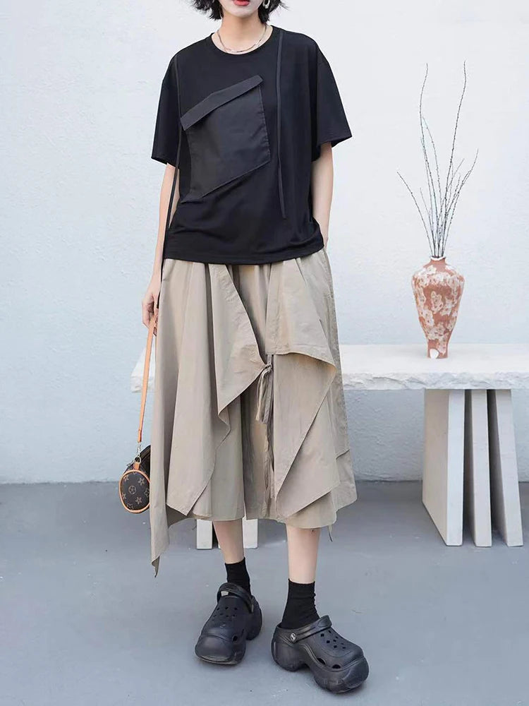 Women White Pocket Color-block Big Size T-shirt New Round Neck Short Sleeve Fashion Tide Spring Summer 2025 1DJ0213