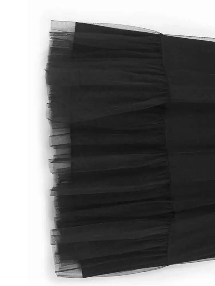Women Black Mesh Ruffles Spliced Big Size Midi Dress New Round Neck Long Sleeve Fashion Tide Spring Autumn 2025 1DH7180