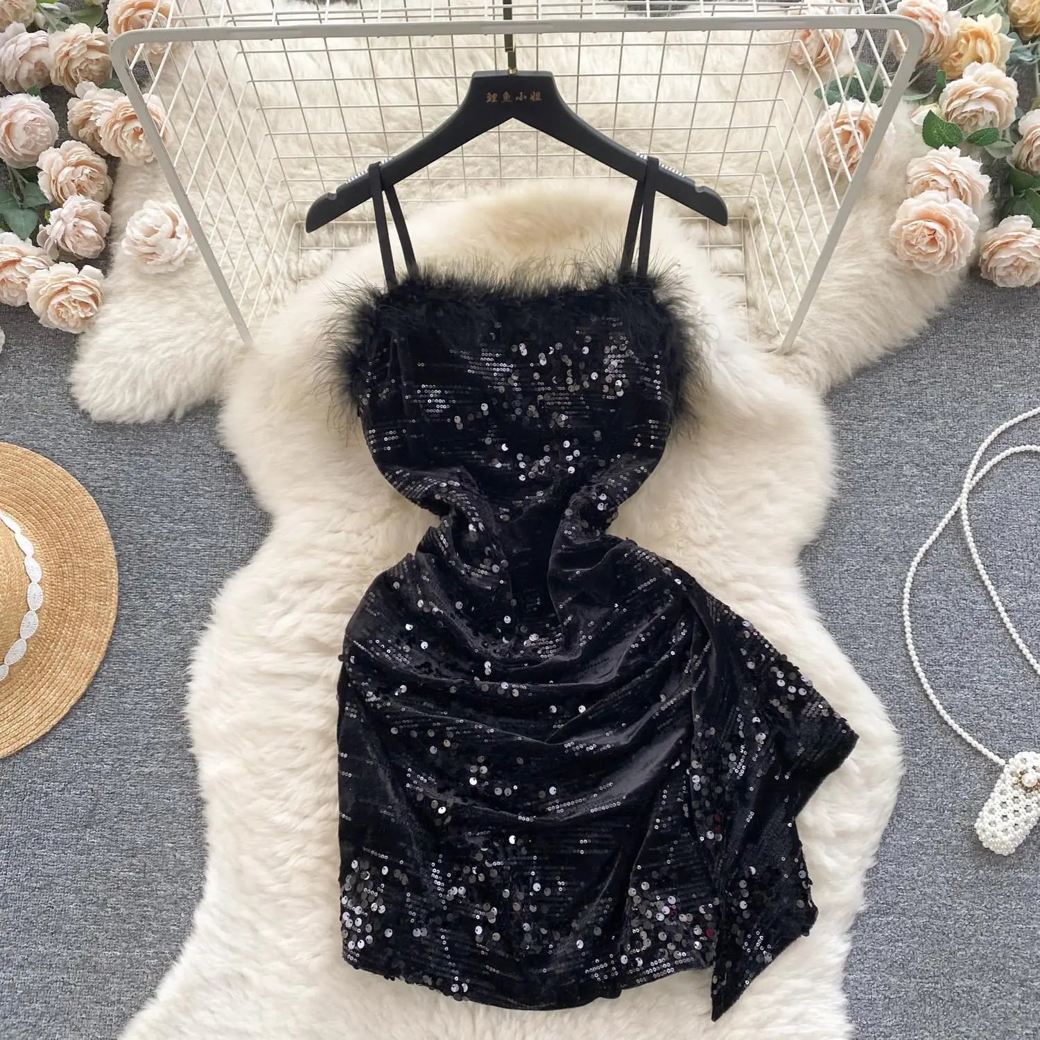 Beige Sexy Club Sequins Furry Slip Dress Black Off Shoulder Backless Fashion Women Slim Autumn Birthday Party Pink Mini Dresses