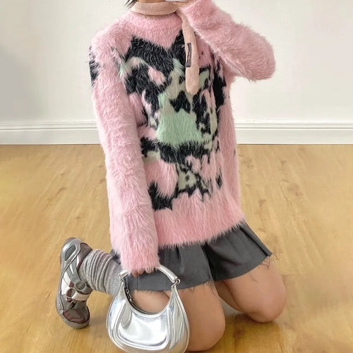 Load image into Gallery viewer, Japanese Y2k Pink Sweater Vintage Harajuku Knitted Pullover 2000s Aesthetic Kawaii Oversized Knitwear Mohair Cute Lolita
