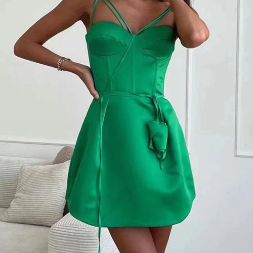 Load image into Gallery viewer, Streetwear Solid Mini Dresses For Women Camisole Sleeveless Splice Appliques Gathered Waist Dresses Female Clothing Summer
