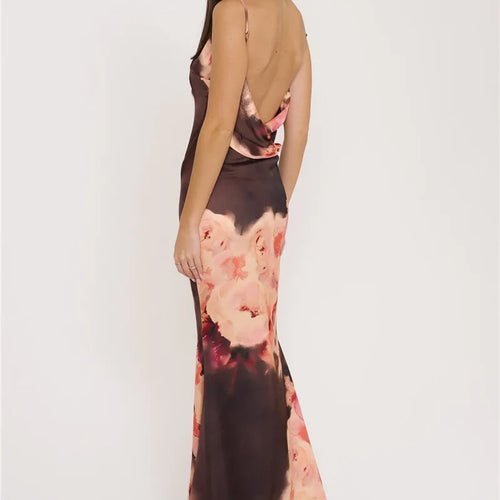 Load image into Gallery viewer, Satin Floral Print Sexy Maxi Dress Women Gown Elegant Spaghetti Strap Sleeveless Backless Bodycon Evening Club Dress
