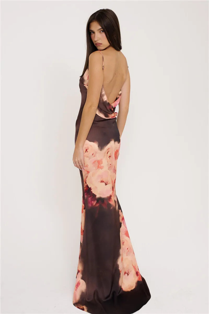 Satin Floral Print Sexy Maxi Dress Women Gown Elegant Spaghetti Strap Sleeveless Backless Bodycon Evening Club Dress