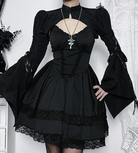 Goth Y2k Aesthetic Women Summer Crop Blouse Sweet Bandage JK Blusas Capes Cosplay Harajuku One-button Flare Sleeve Grunge Shirt