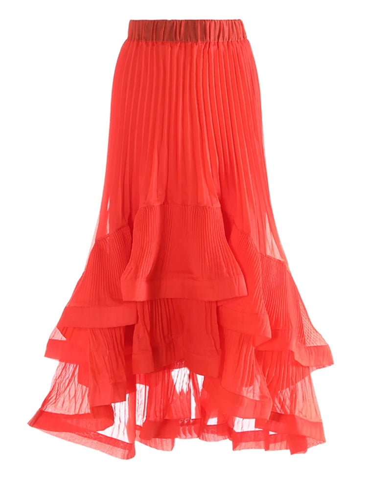 High Elastic Waist Red Pleated Irregular Ruffles Elegant Half-body Skirt Women Fashion Tide New Spring Autumn 2025 1DJ0171