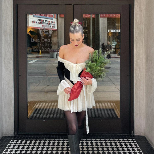 Load image into Gallery viewer, Mesh Off The Shoulder Party Dresses Mini Flare Sleeve Elegant and Beautiful Dress Beige A Line Female Casual Dress
