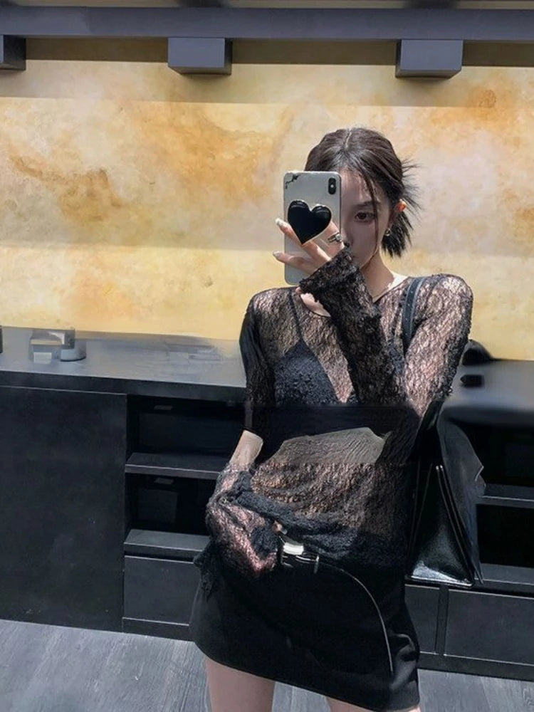 Y2K Hollow Out Knitted Smock Top Vintage Slim Fit T-shirt Women Gothic Crochet Pullovers Casual Y2k Aesthetic Tshirts Grunge