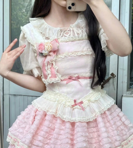 Japanese Lolita Sweet Lace Patchwork Women Blouse Summer Y2k Aesthetic See Through Ruffled Shirt Harajuku Grunge Bandage Blusas