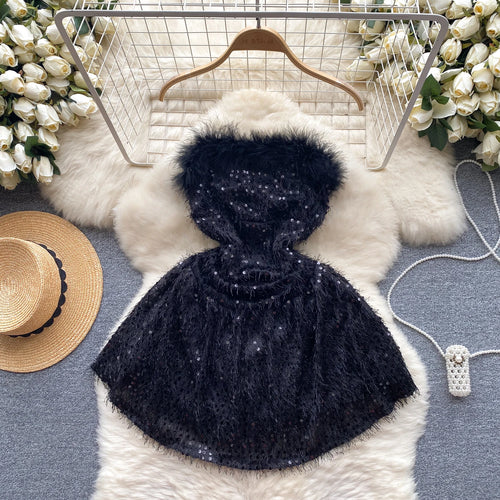 Load image into Gallery viewer, Black Sequin Plush Slim Mini Dress Women Christmas New Year Party Luxury Celebrity Evening Strapless Dress Sexy Club Red Dresses
