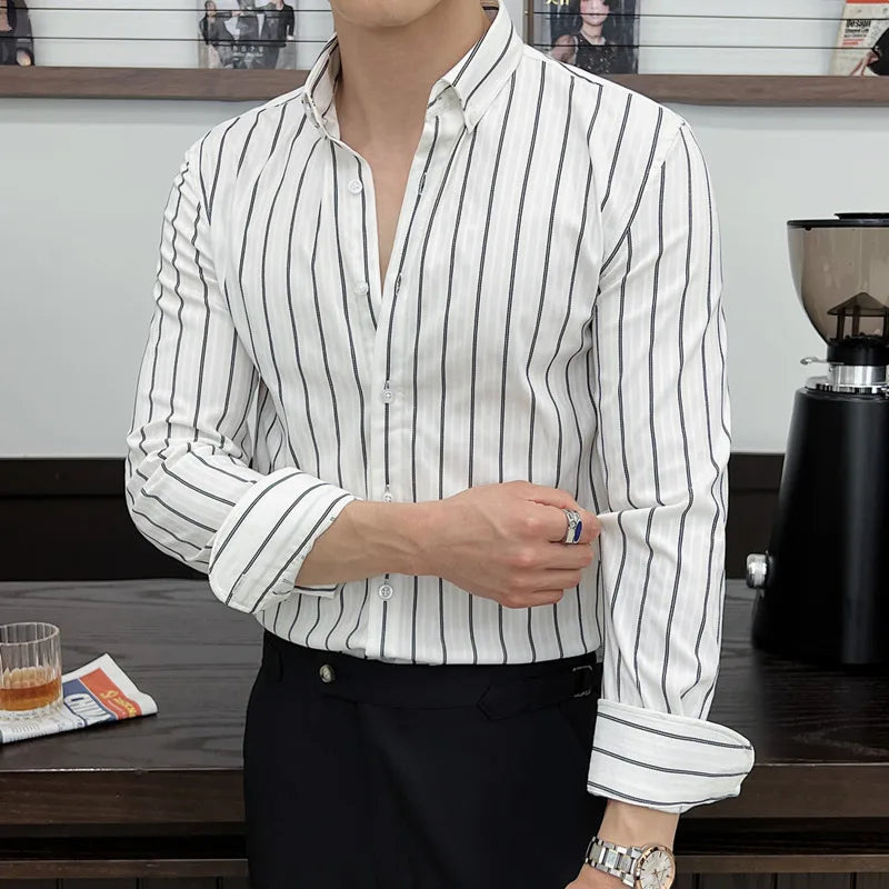 Striped Men's New Long Sleeved Shirts Korean Fashion Shirt Male Turn-down Collar Clothing Loose Spring Style 9W1567