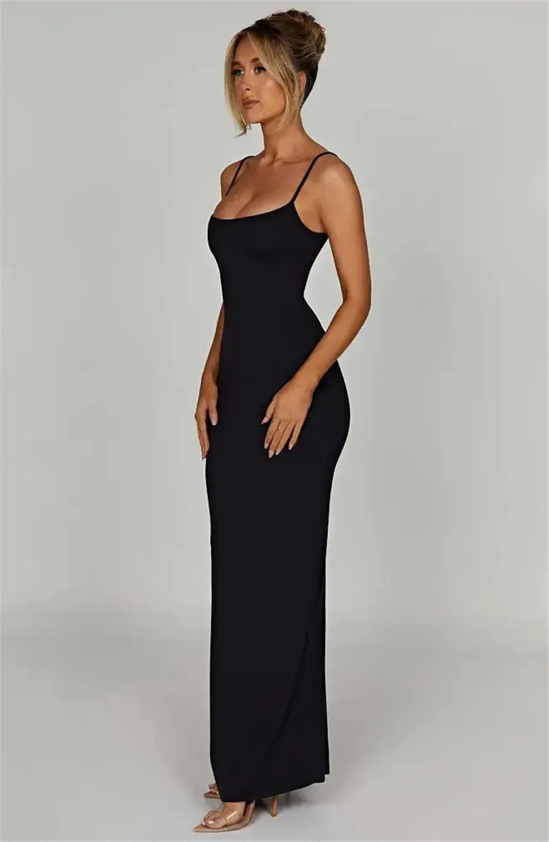 Spaghetti Strap Backless Bodycon Maxi Dress Women Autumn New Thickened Fabric Sleeveless Club Party Sexy Long Dress
