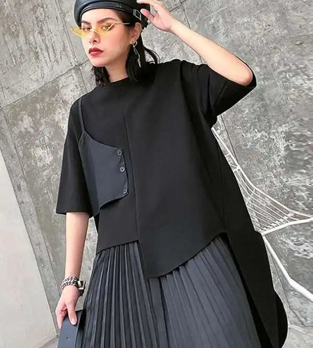 Black T-shirt Pleated Irregular Half-body Skirt Two Pieces Suit New Round Neck Women Fashion Spring Summer 2025 1DH5042
