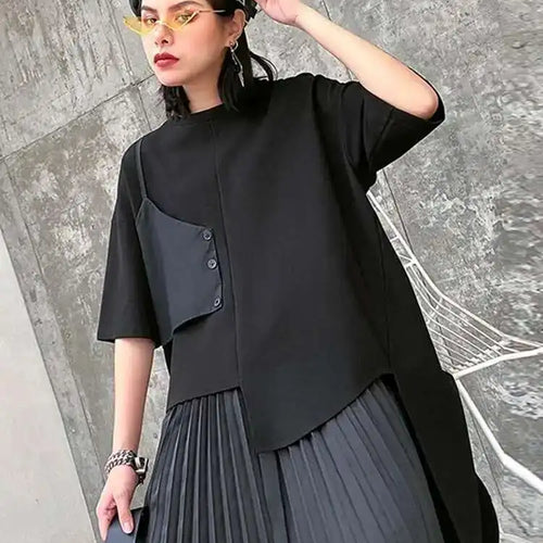 Load image into Gallery viewer, Black T-shirt Pleated Irregular Half-body Skirt Two Pieces Suit New Round Neck Women Fashion Spring Summer 2025 1DH5042
