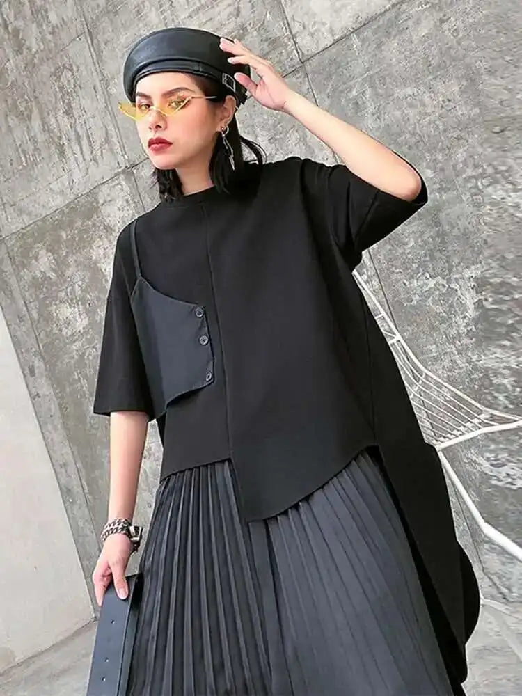 Black T-shirt Pleated Irregular Half-body Skirt Two Pieces Suit New Round Neck Women Fashion Spring Summer 2025 1DH5042